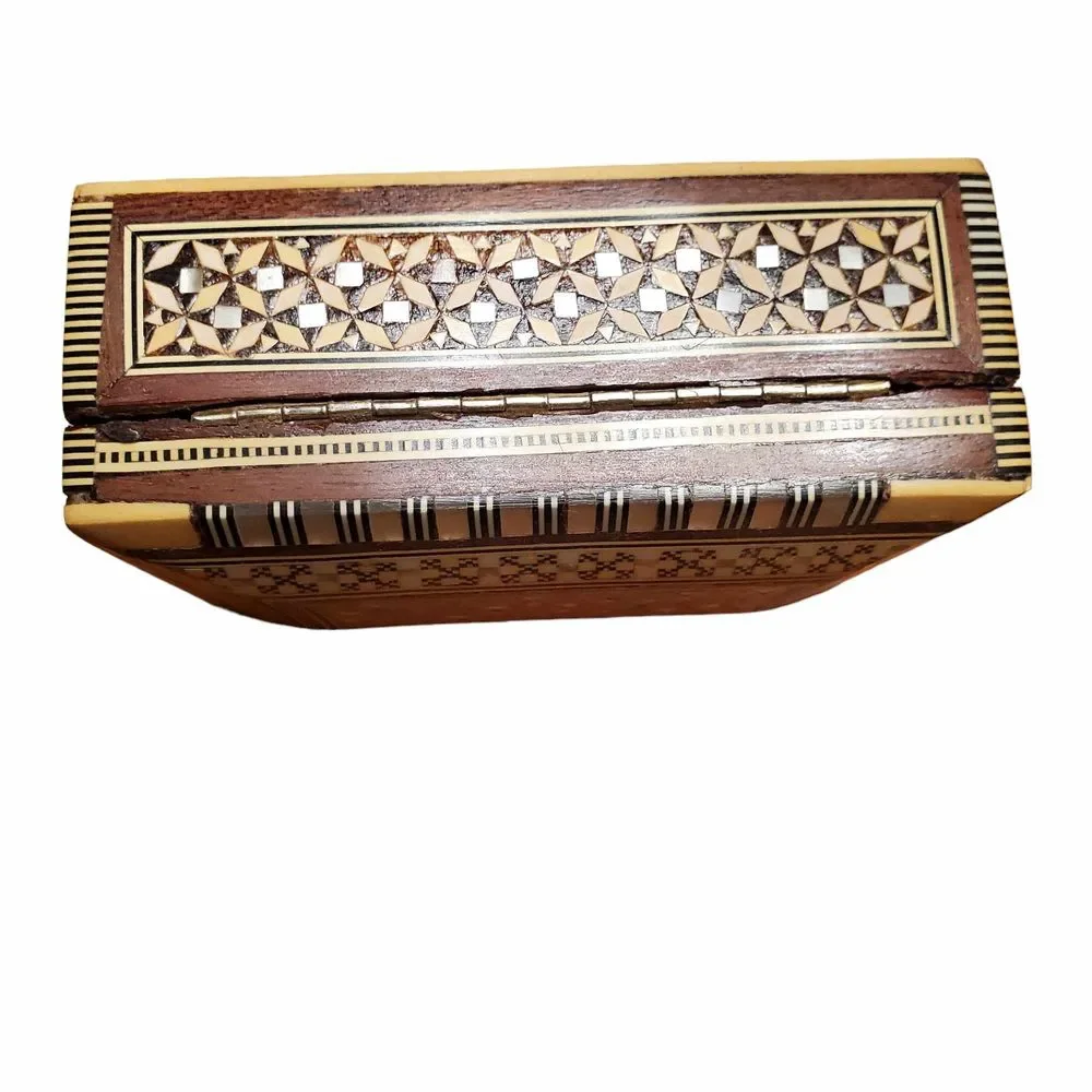 Vintage 1950s Handmade Pearl Bone Wood Inlaid Marquetry Jewelry Box
